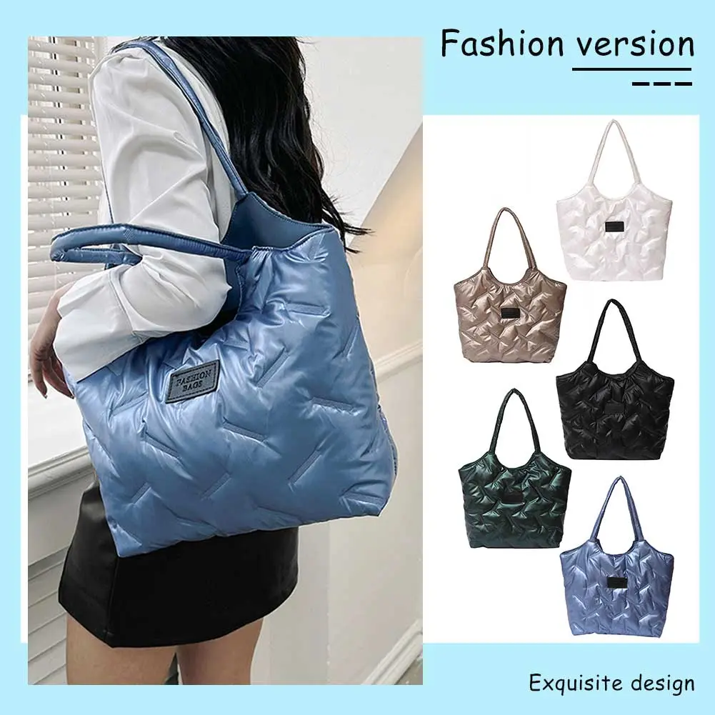 Women Padded Tote Bag Fashion Quilted Shoulder Bag Big Capacity Down Tote Handbags Casual Winter Commuting Bag