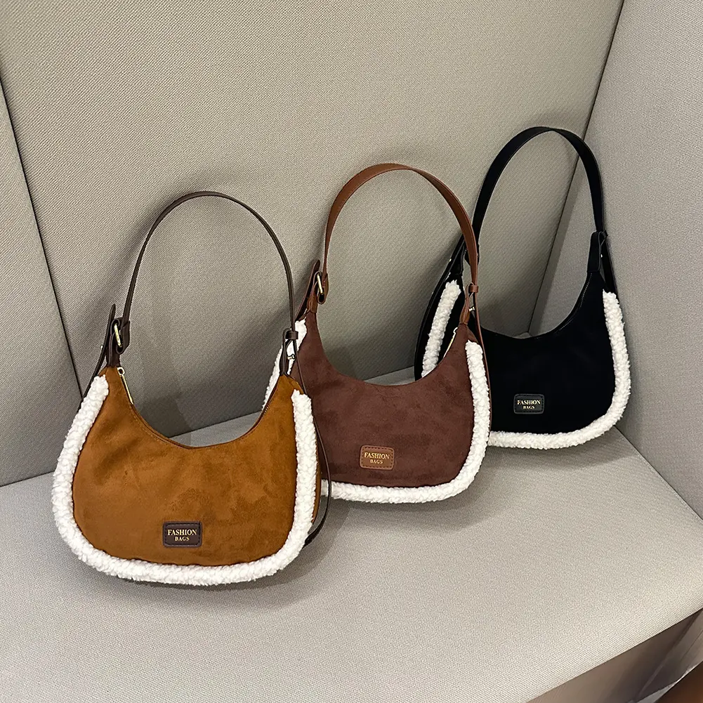 Suede Plush Shoulder Bags for Women Half Moon Crossbody Purse Zipper Small Crescent Shoulder Bag Underarm Purse Vintage Handbag