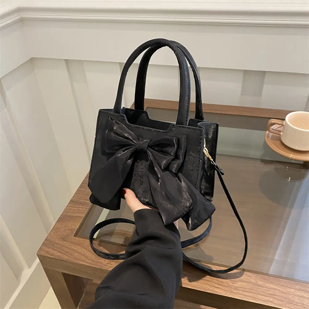 Women PU Bow Handbag Fashion Shoulder Bag Large Capacity Stylish Messenger Bag Solid Color Chic Hobo Bag for Party Vacation