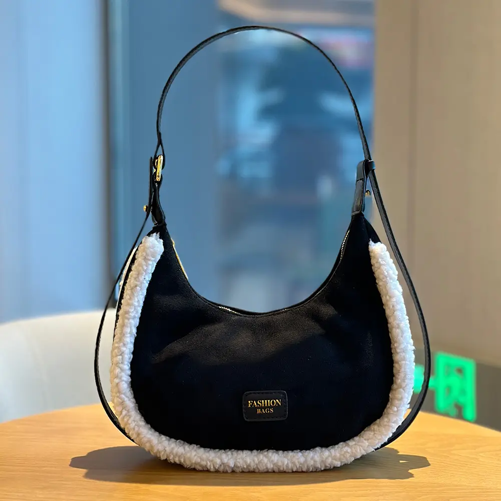 Suede Plush Shoulder Bags for Women Half Moon Crossbody Purse Zipper Small Crescent Shoulder Bag Underarm Purse Vintage Handbag