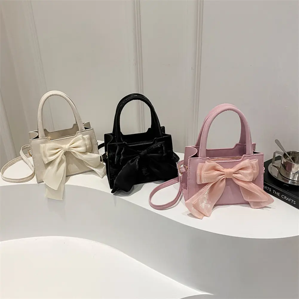 Women PU Bow Handbag Fashion Shoulder Bag Large Capacity Stylish Messenger Bag Solid Color Chic Hobo Bag for Party Vacation