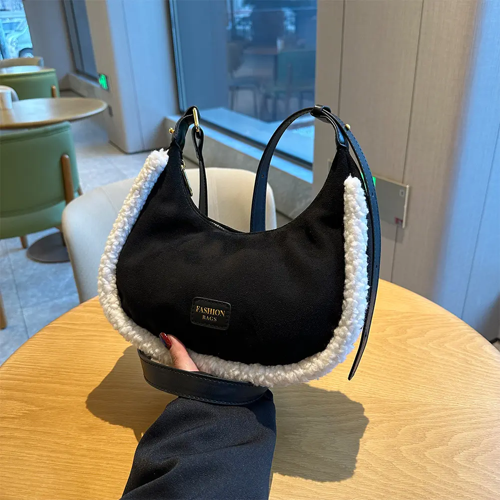 Suede Plush Shoulder Bags for Women Half Moon Crossbody Purse Zipper Small Crescent Shoulder Bag Underarm Purse Vintage Handbag