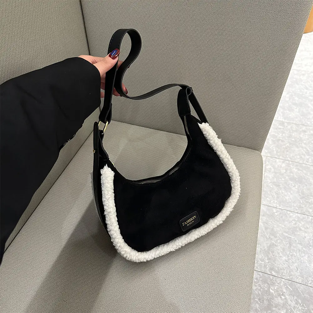 Suede Plush Shoulder Bags for Women Half Moon Crossbody Purse Zipper Small Crescent Shoulder Bag Underarm Purse Vintage Handbag