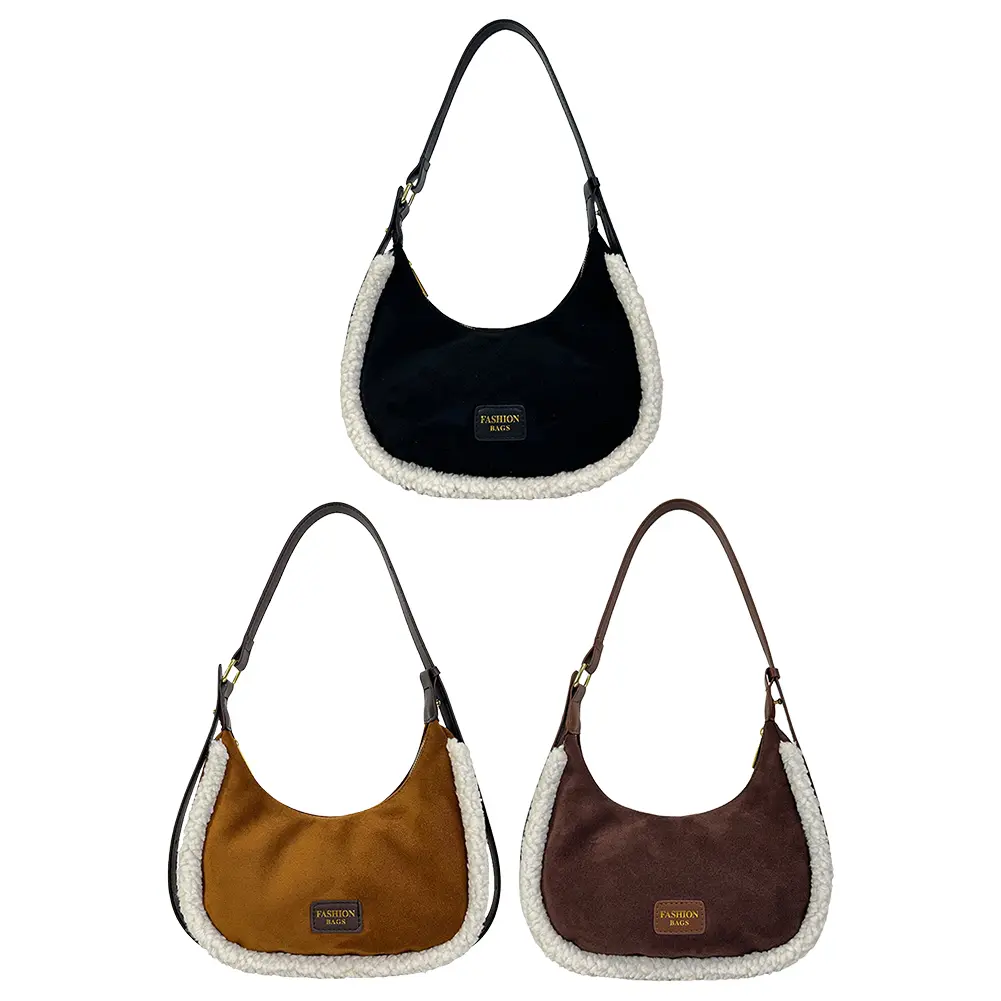 Suede Plush Shoulder Bags for Women Half Moon Crossbody Purse Zipper Small Crescent Shoulder Bag Underarm Purse Vintage Handbag