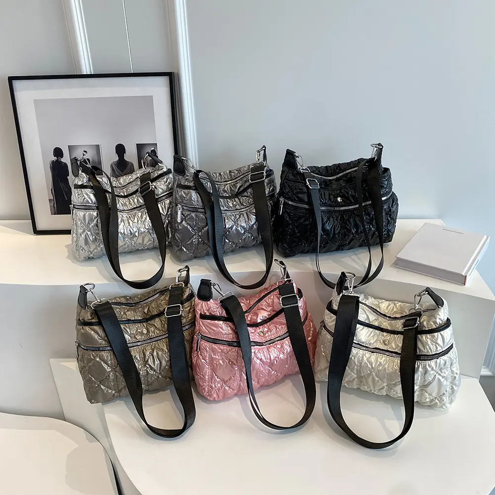 Women Puffer Tote Bag Large Capacity Casual Crossbody Bag Solid Color Adjustable Strap Lightweight Ladies Daily Commute Bag