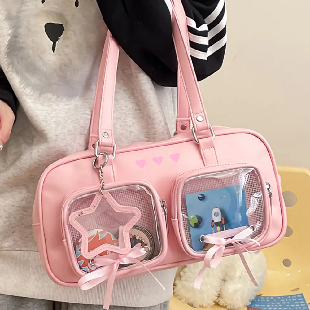Women PU Ita Bag Underarm Bag with Clear Window Cartoon Book Bag Multi-pockets Teenagers School Bag Large Capacity Chic Hobo Bag