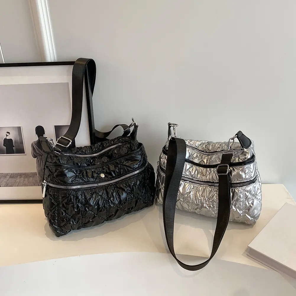 Women Puffer Tote Bag Large Capacity Casual Crossbody Bag Solid Color Adjustable Strap Lightweight Ladies Daily Commute Bag