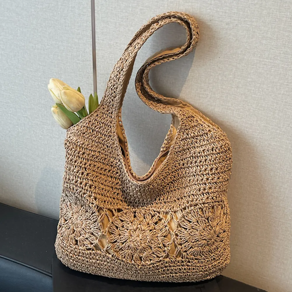 Large Summer Shoulder Bag with Zipper Woven Tote Bag Handbag Shoulder Purse for Women Travel Vacation