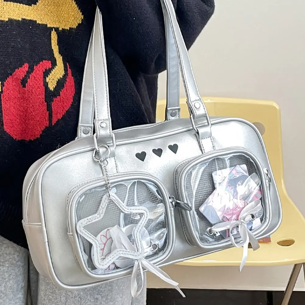 Women PU Ita Bag Underarm Bag with Clear Window Cartoon Book Bag Multi-pockets Teenagers School Bag Large Capacity Chic Hobo Bag