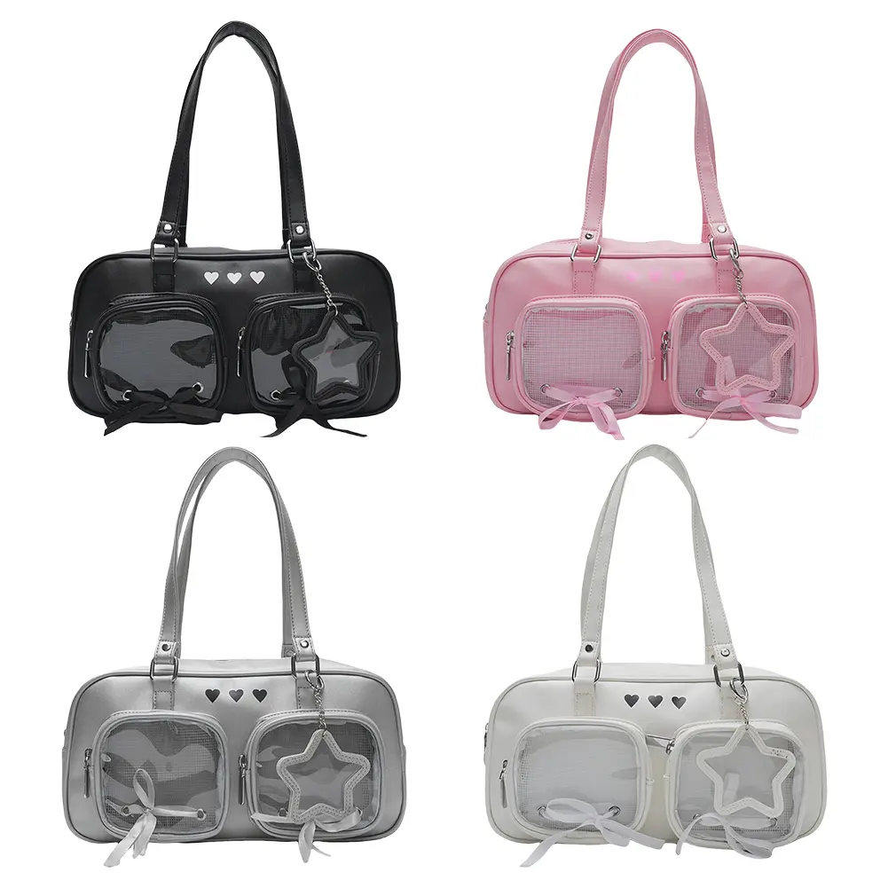 Women PU Ita Bag Underarm Bag with Clear Window Cartoon Book Bag Multi-pockets Teenagers School Bag Large Capacity Chic Hobo Bag