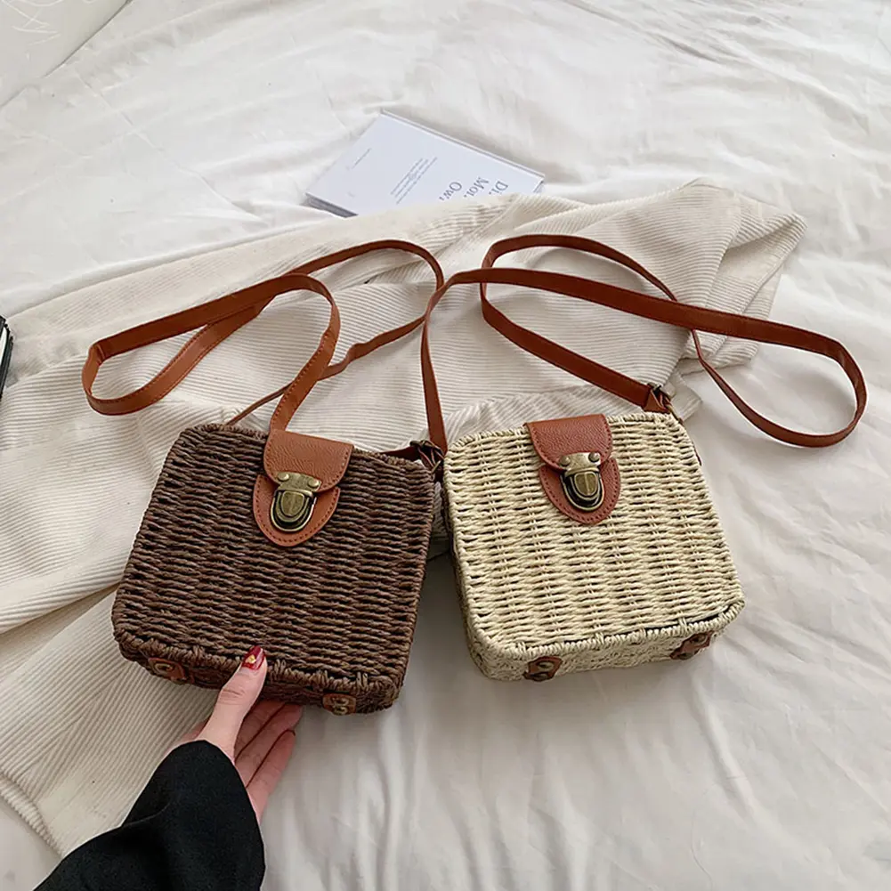 Women Shoulder Bags Fashion Woven Ladies Handbags Casual Holiday Simple Handmade Adjustable Straps Rattan Beach Bag