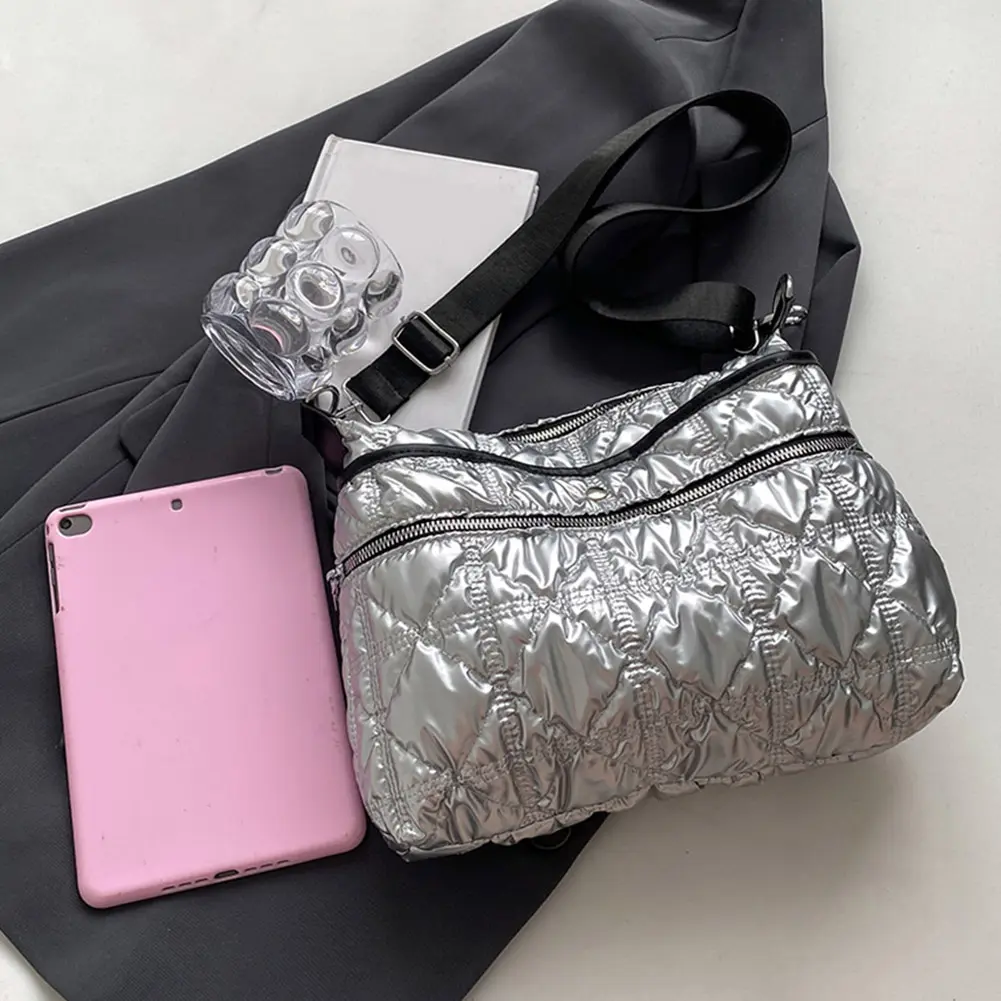 Women Puffer Tote Bag Large Capacity Casual Crossbody Bag Solid Color Adjustable Strap Lightweight Ladies Daily Commute Bag