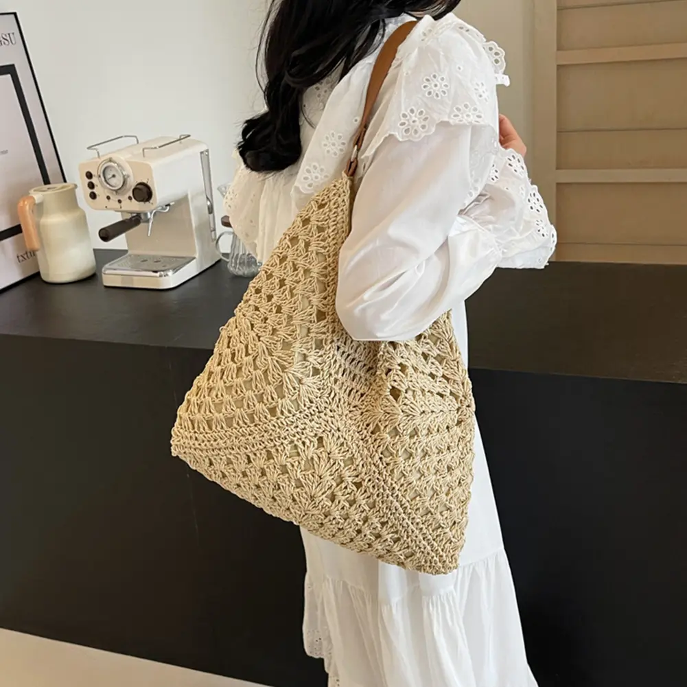 Summer Straw Bag Hollow Out Beach Shoulder Bag Large Underarm Bag Solid Color Holiday Travel Handbag Boho Shoulder Purse
