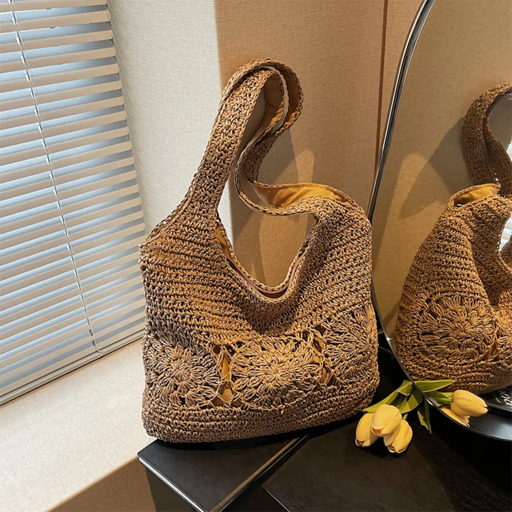 Large Summer Shoulder Bag with Zipper Woven Tote Bag Handbag Shoulder Purse for Women Travel Vacation