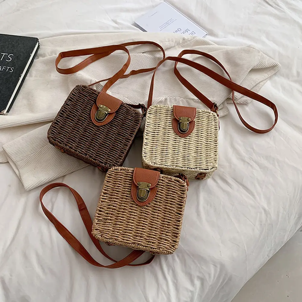 Women Shoulder Bags Fashion Woven Ladies Handbags Casual Holiday Simple Handmade Adjustable Straps Rattan Beach Bag