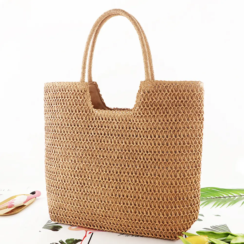 Women Vintage Shoulder Bag Zipper Closure Crochet Beach Handbag Solid Color Weaving Travel Handbag Ladies Summer Daily Bag