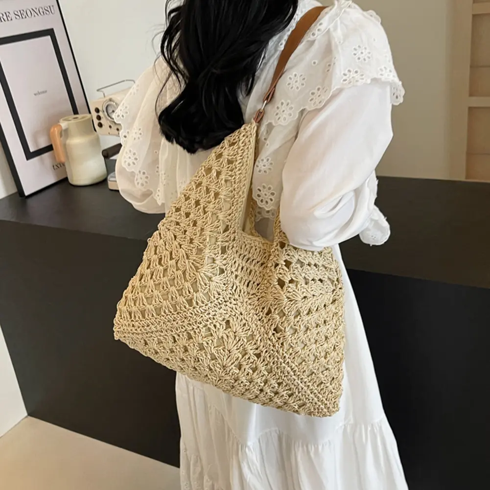 Summer Straw Bag Hollow Out Beach Shoulder Bag Large Underarm Bag Solid Color Holiday Travel Handbag Boho Shoulder Purse
