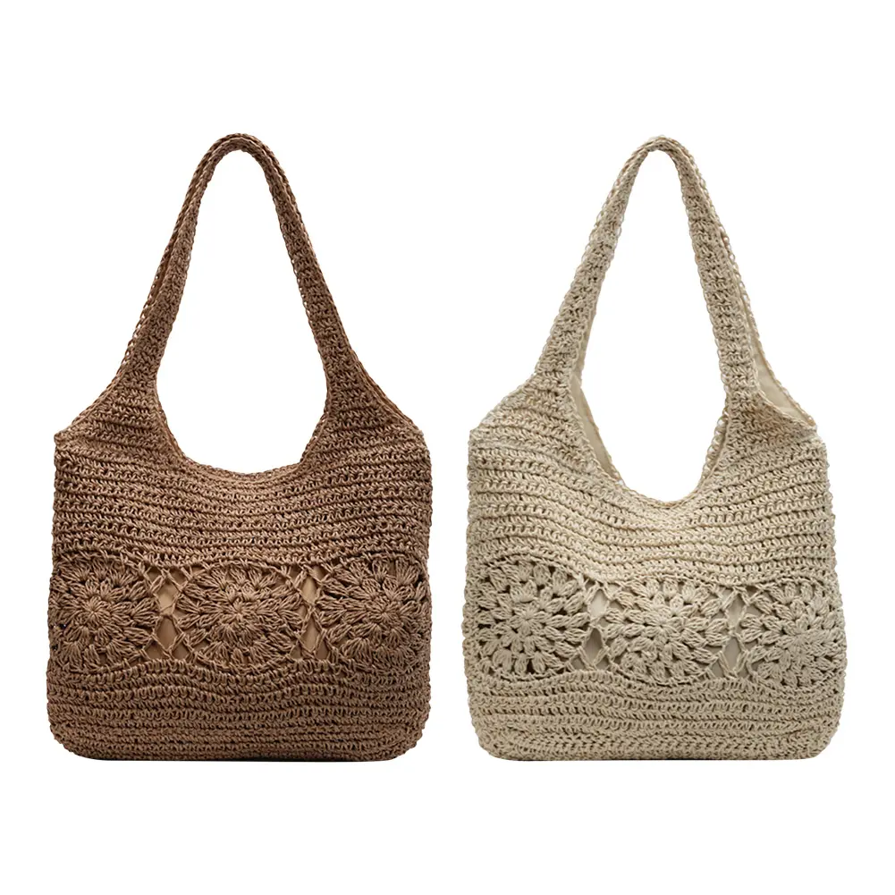 Large Summer Shoulder Bag with Zipper Woven Tote Bag Handbag Shoulder Purse for Women Travel Vacation