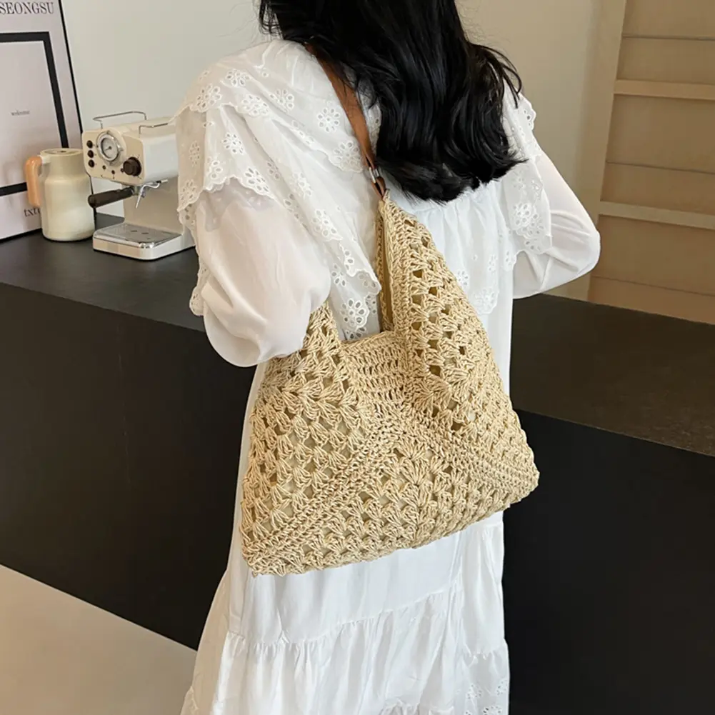 Summer Straw Bag Hollow Out Beach Shoulder Bag Large Underarm Bag Solid Color Holiday Travel Handbag Boho Shoulder Purse