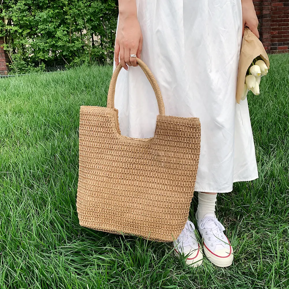Women Vintage Shoulder Bag Zipper Closure Crochet Beach Handbag Solid Color Weaving Travel Handbag Ladies Summer Daily Bag