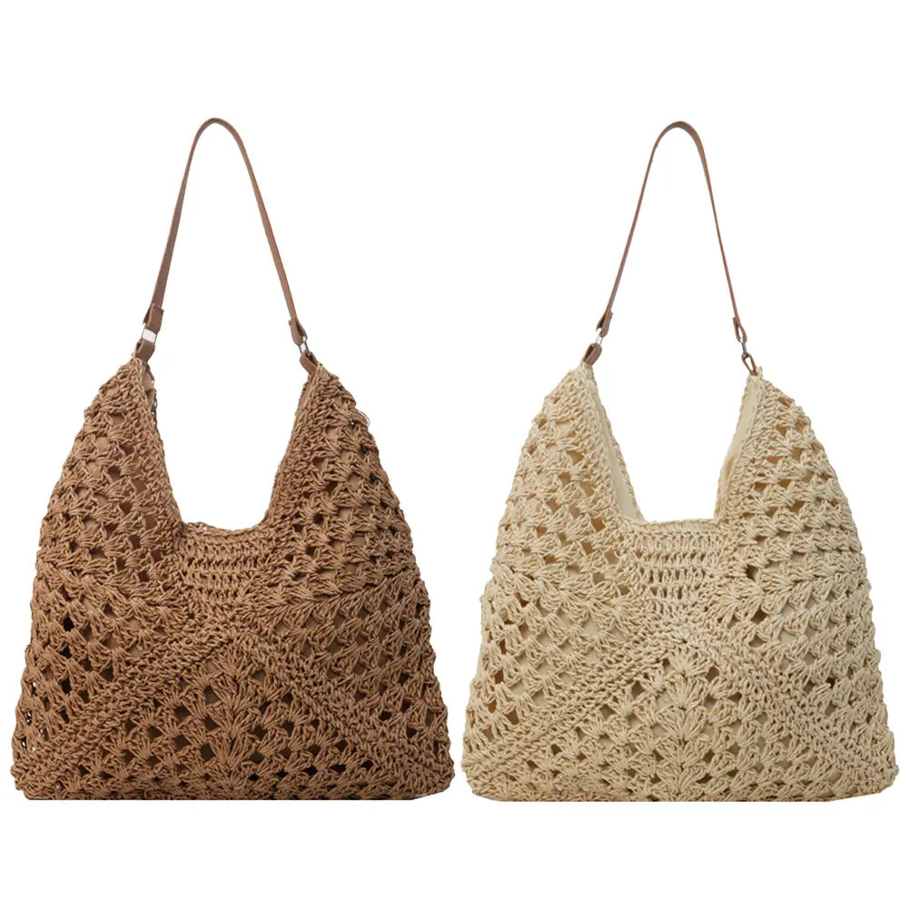 Summer Straw Bag Hollow Out Beach Shoulder Bag Large Underarm Bag Solid Color Holiday Travel Handbag Boho Shoulder Purse
