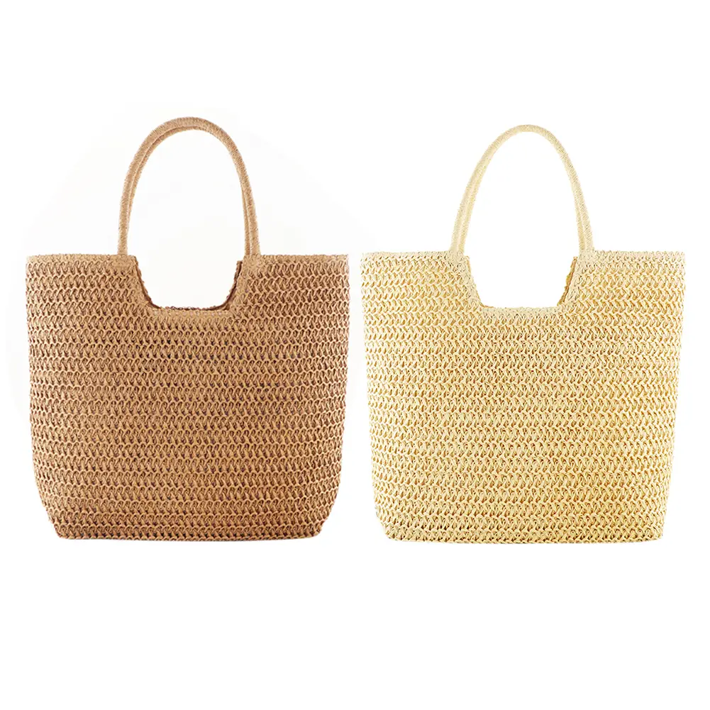 Women Vintage Shoulder Bag Zipper Closure Crochet Beach Handbag Solid Color Weaving Travel Handbag Ladies Summer Daily Bag