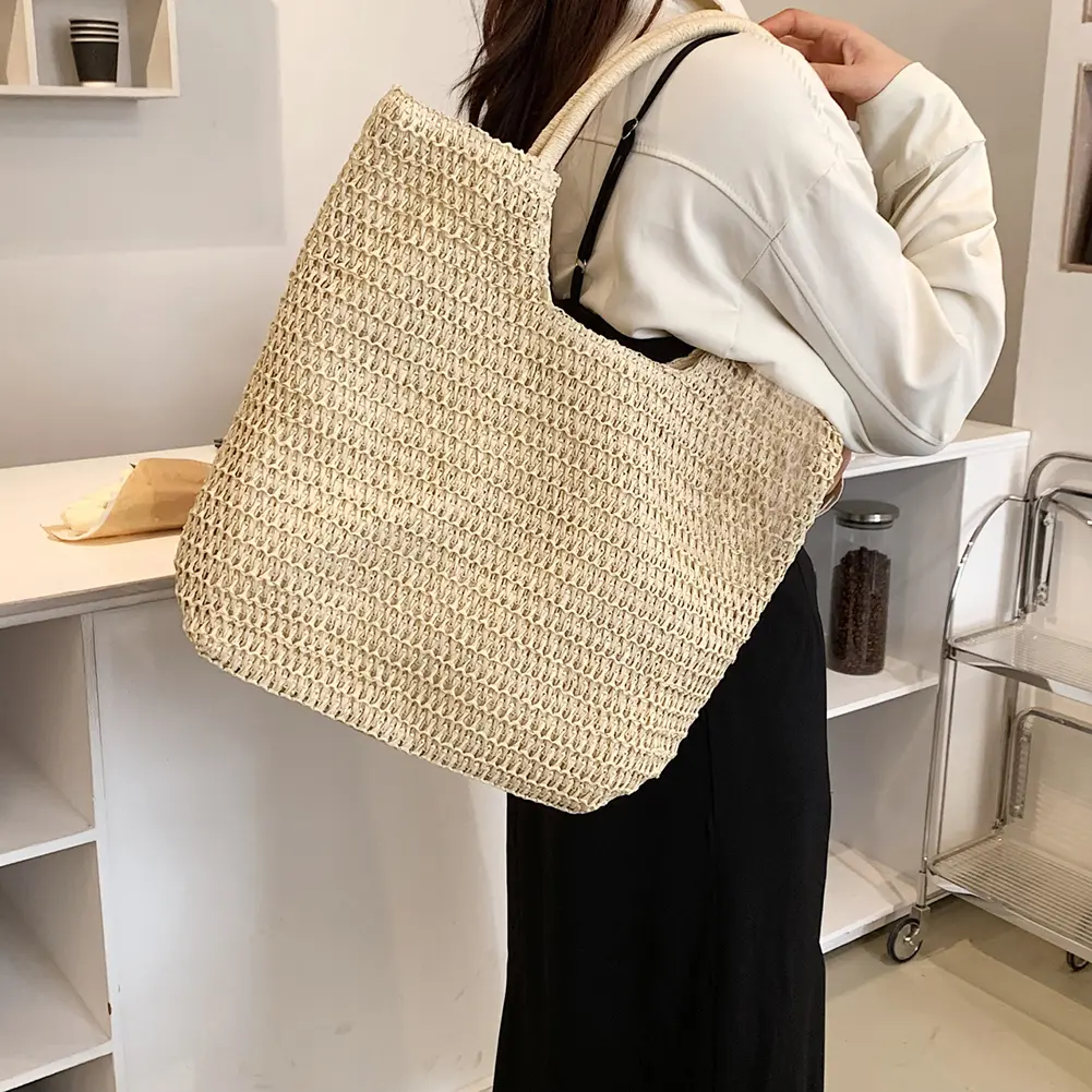 Women Vintage Shoulder Bag Zipper Closure Crochet Beach Handbag Solid Color Weaving Travel Handbag Ladies Summer Daily Bag