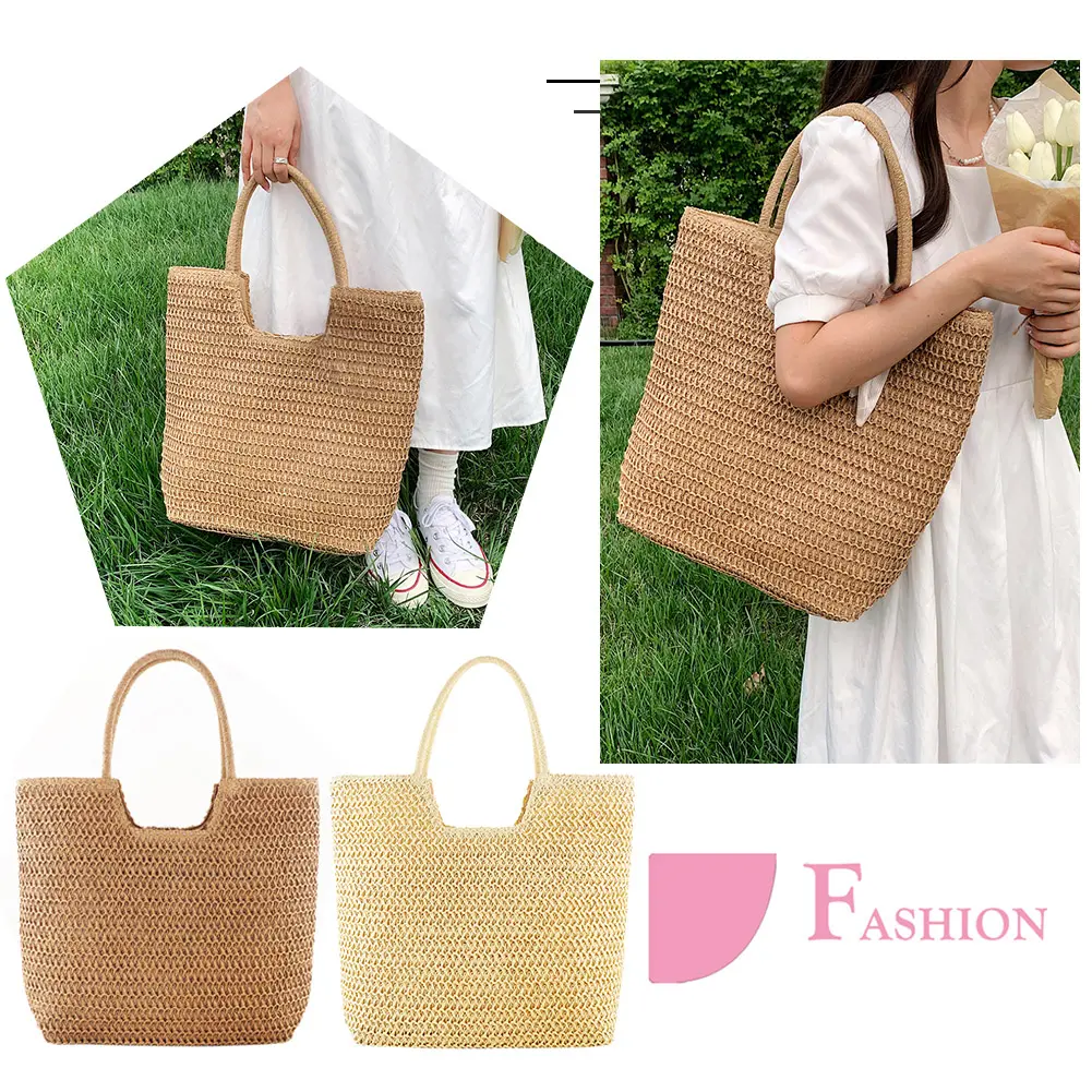 Women Vintage Shoulder Bag Zipper Closure Crochet Beach Handbag Solid Color Weaving Travel Handbag Ladies Summer Daily Bag