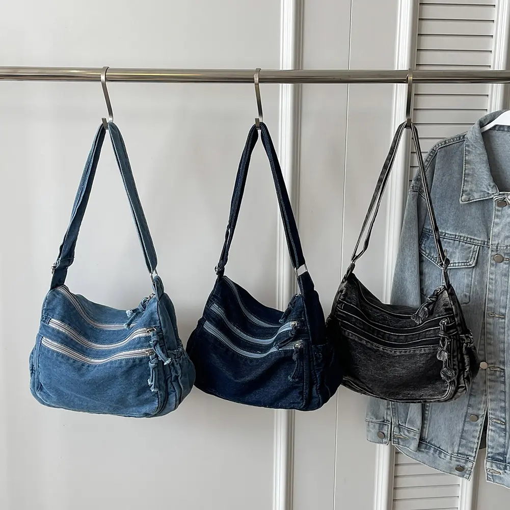 Women Denim Fashion Shoulder Bag Large Capacity Casual Messenger Bag Adjustable Strap Stylish Crossbody Bag Retro Sling Bag