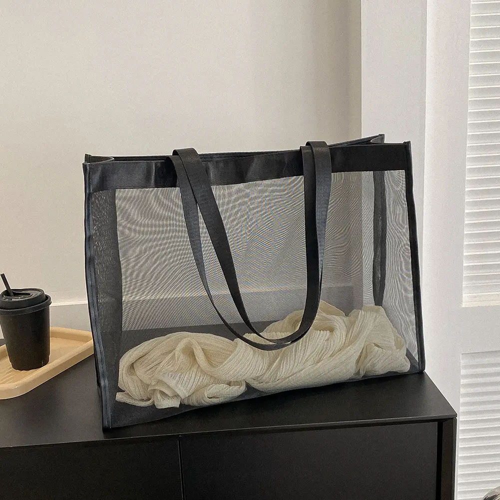Fashion Shoulder Bag Large Capacity Mesh Shopping Bag Solid Color Top-Handle Handbag Transparent for Summer Vacation Travel
