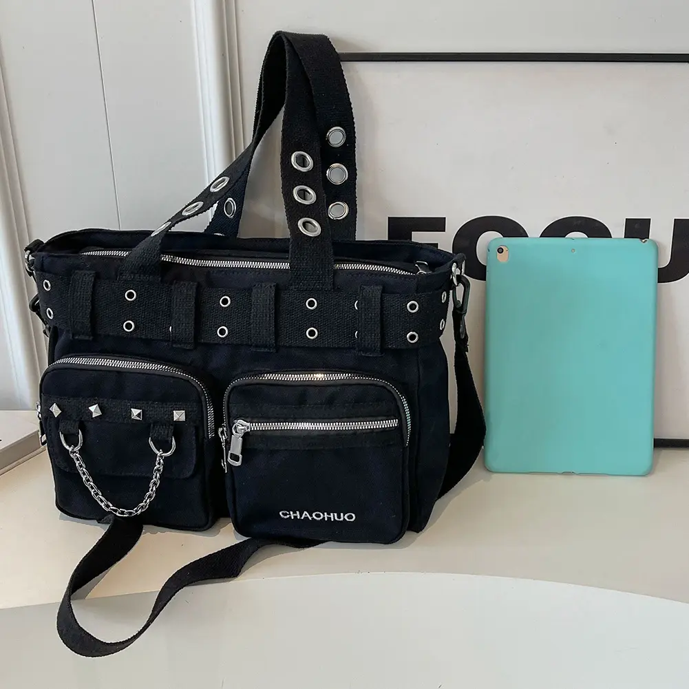 Women Rockabilly Shoulder Bag with Chain Canvas Gothic Satchel Bag Zipper Closure Rivet Tote Handbag Rock Girls Daily Bag
