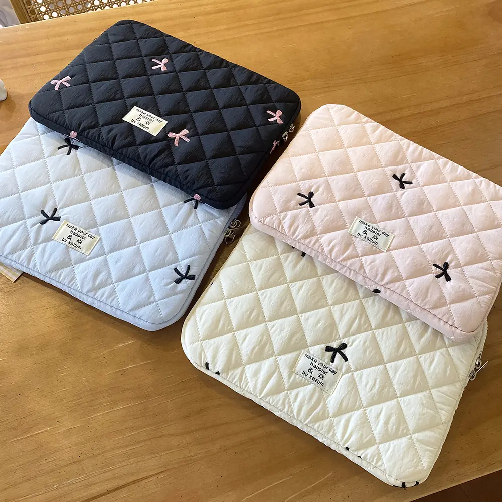 11/13/15 Inch Laptop Carrying Case Diamond Lattice Quilted Tablet Sleeve Case Bow Printing Laptop Protective Bag for Apple iPad