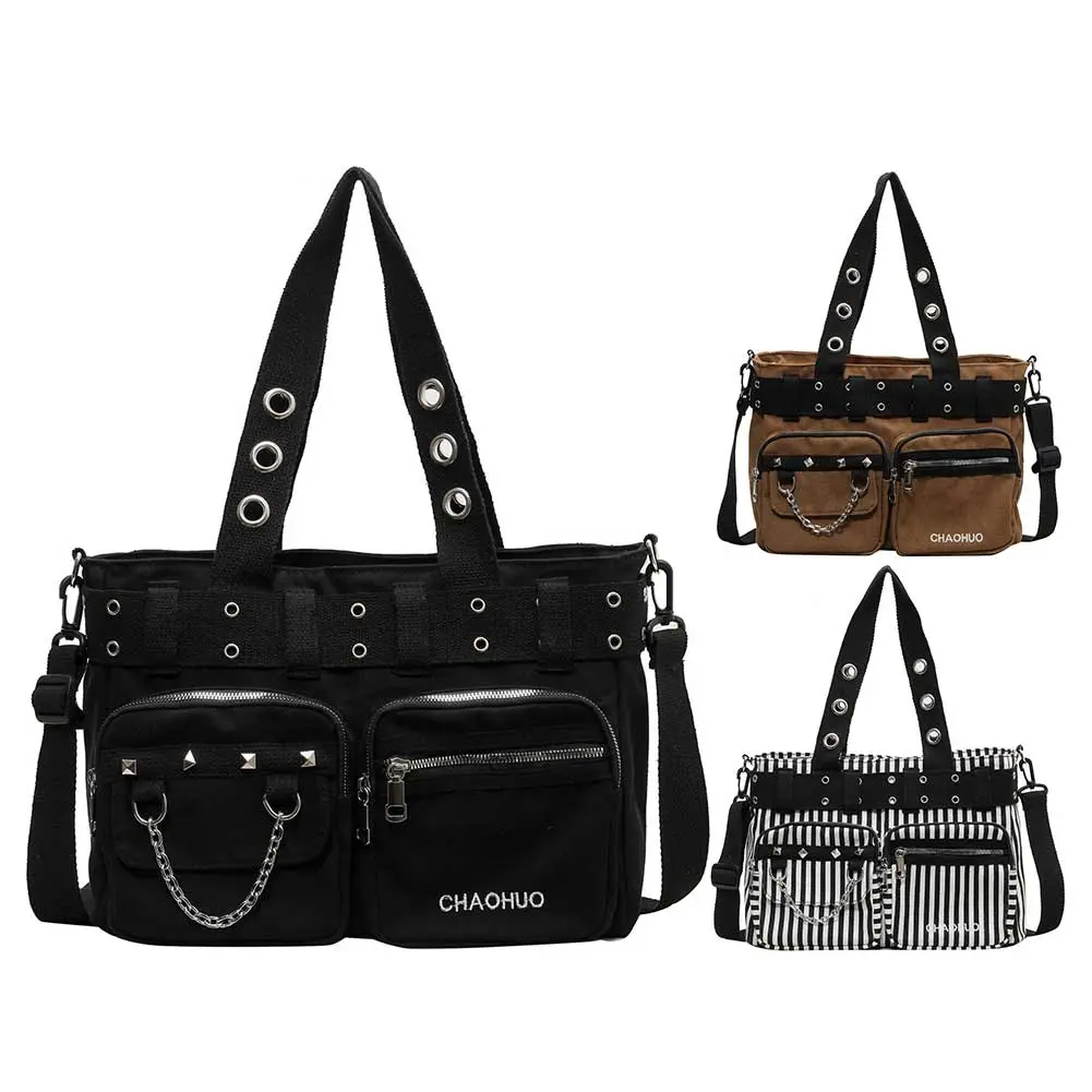 Women Rockabilly Shoulder Bag with Chain Canvas Punk Rock Handbag Zipper Closure Rivet Tote Handbag Rock Girls Daily Bag