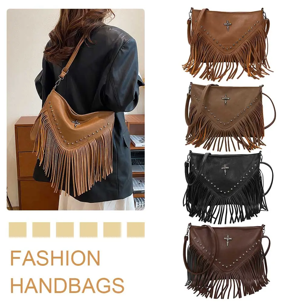 Women PU Rivet Fringe Tassel Bag Large Capacity Vintage Small Handbag Adjustable Strap Tassel Hobo Bag for Outdoor Travel