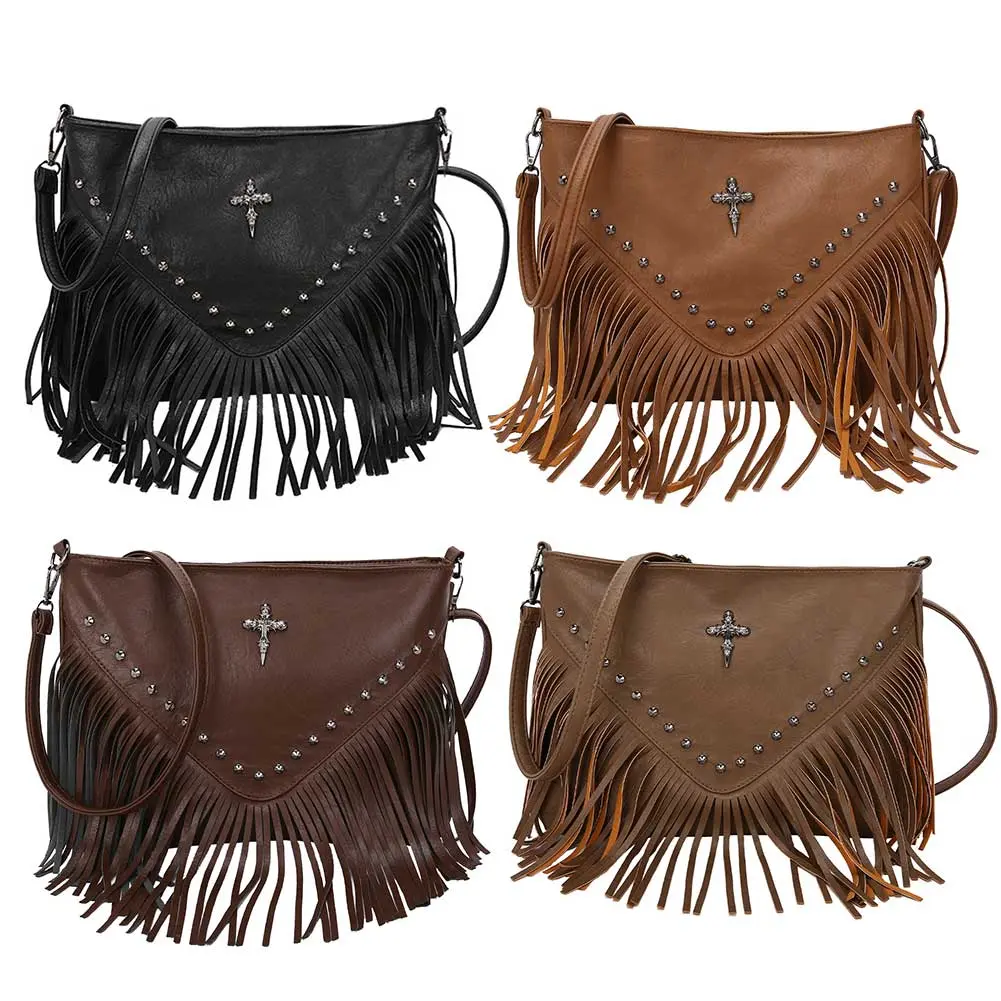 Women PU Studded Tassel Shoulder Bag Large Capacity Fashionable Crossbody Bag Vintage Small Handbag for Outdoor Travel