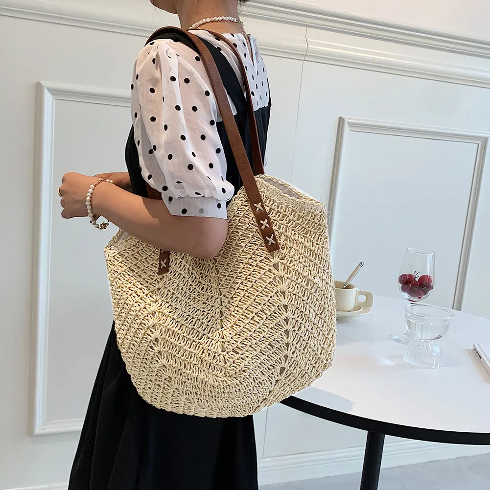 Women Top-Handle Bags Straw Beach Shoulder Bags Fashionable Simple Solid Color Handmade Bags Ladies Handbags