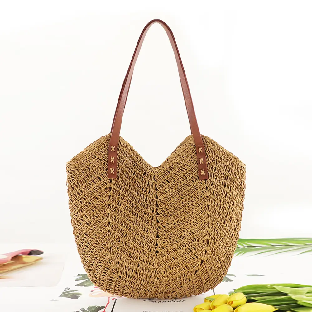 Women Top-Handle Bags Straw Beach Shoulder Bags Fashionable Simple Solid Color Handmade Bags Ladies Handbags