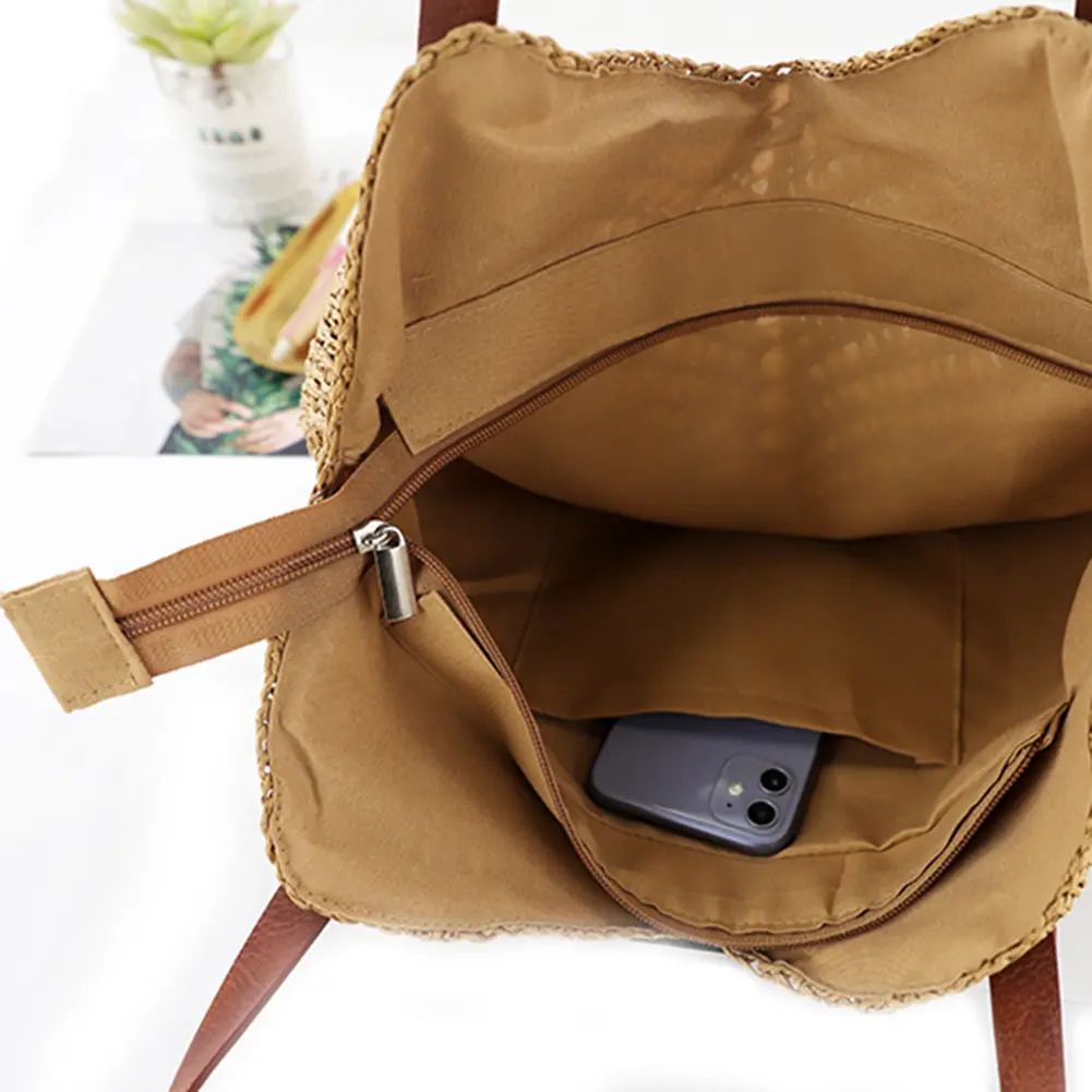 Women Top-Handle Bags Straw Beach Shoulder Bags Fashionable Simple Solid Color Handmade Bags Ladies Handbags