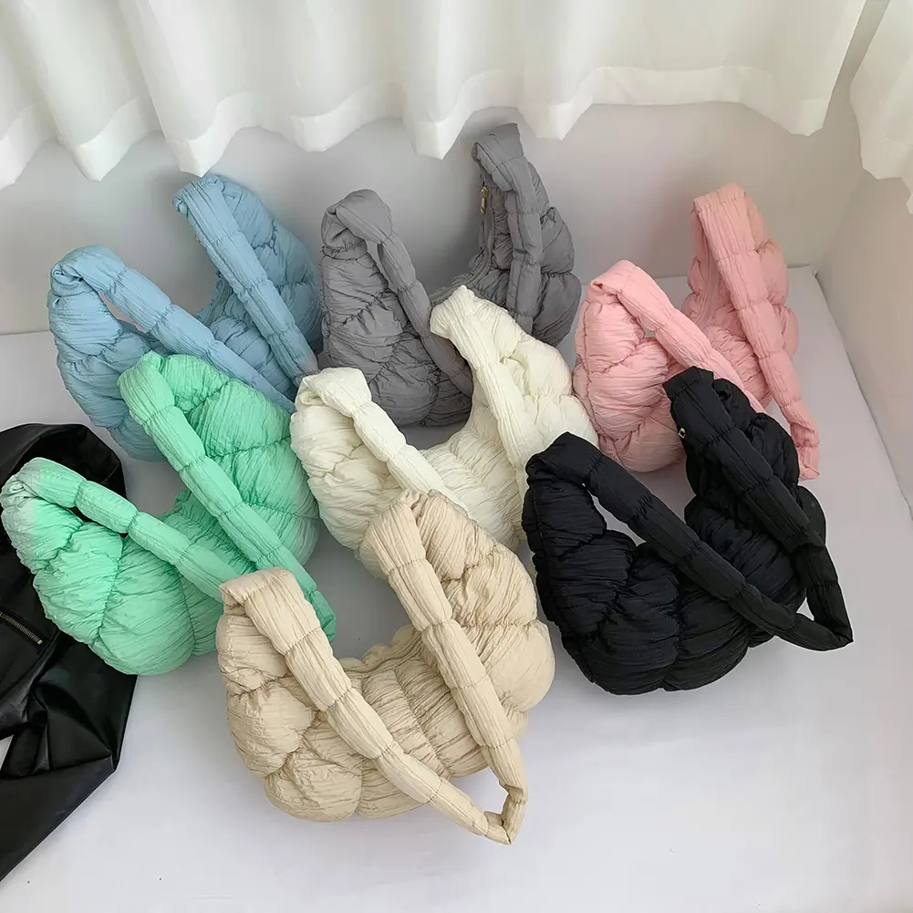 Women Pleated Underarm Bag Fashion Cloud Shoulder Bag Large Capacity Simple Shopping Bag Solid Color Cotton Chic Hobo Bag