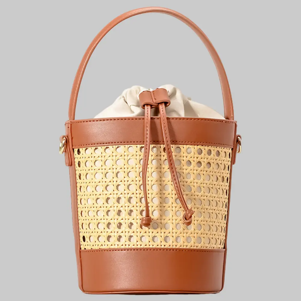Rattan Bag PU Leather Bucket Bag Summer Hollow Shoulder Bag Holiday Travel Handbag for Women