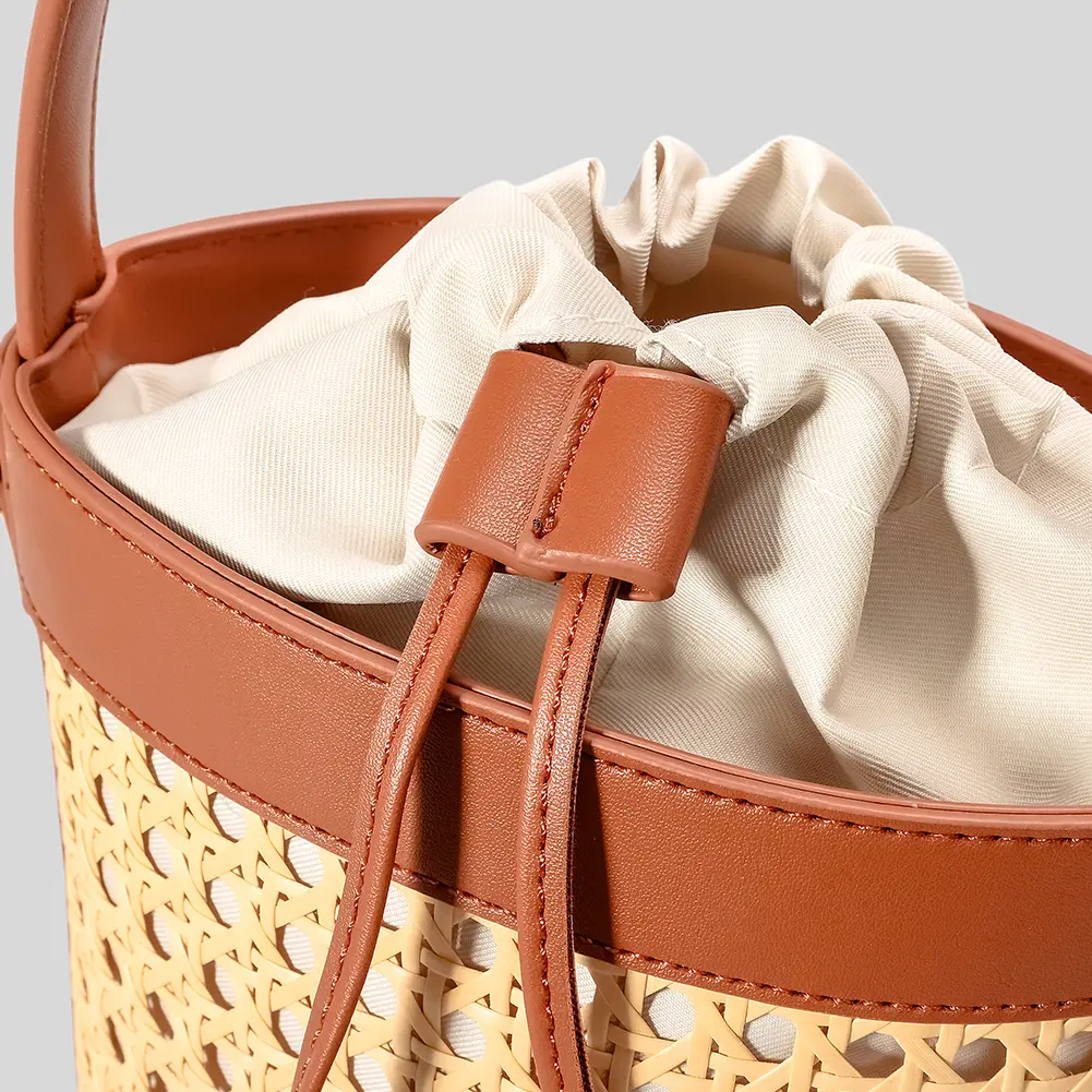 Rattan Bag PU Leather Bucket Bag Summer Hollow Shoulder Bag Holiday Travel Handbag for Women