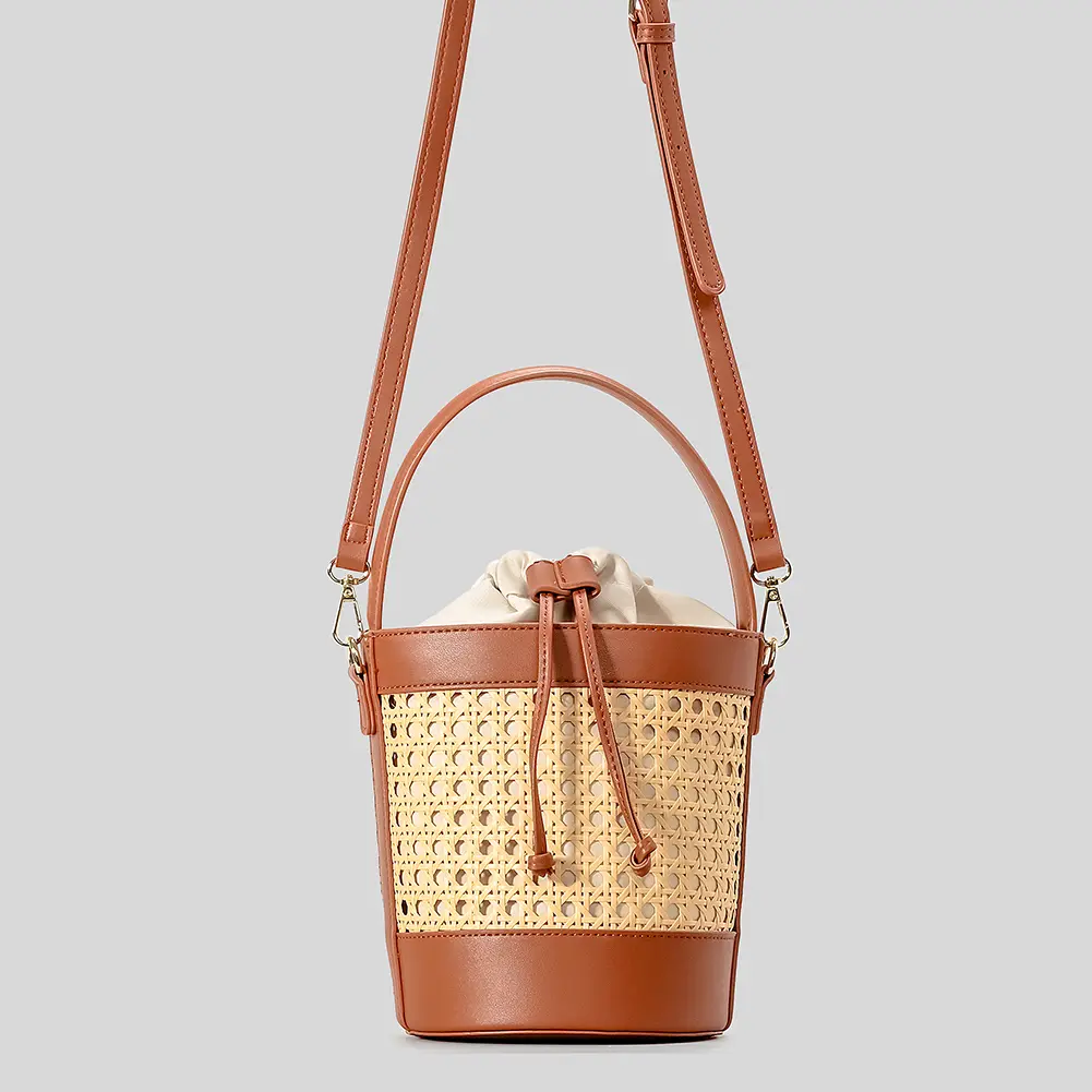 Rattan Bag PU Leather Bucket Bag Summer Hollow Shoulder Bag Holiday Travel Handbag for Women