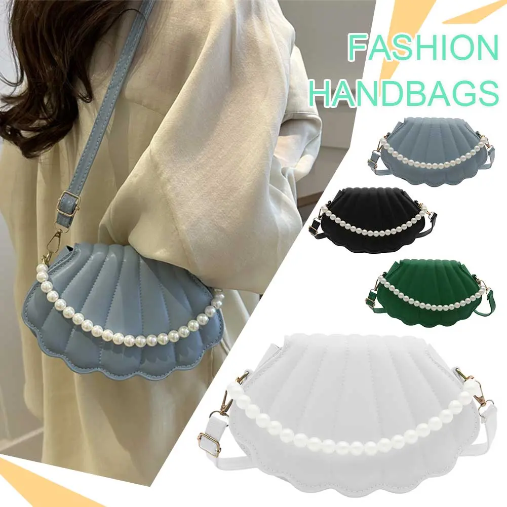 PU Leather Shoulder Bag Seashell Women Crossbody Bag Pearl Chain Clutch Purse with Adjustable Strap for Party Prom Cocktail