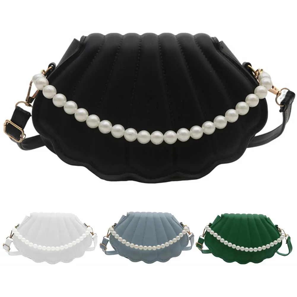 PU Leather Shoulder Bag Seashell Women Crossbody Bag Pearl Chain Clutch Purse with Adjustable Strap for Party Prom Cocktail