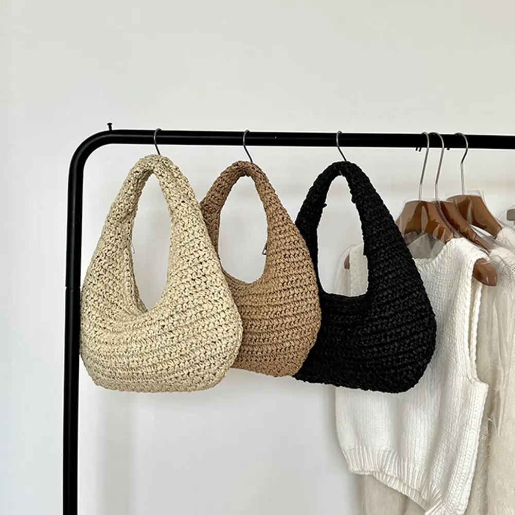 Women Versatile Straw Handbag Solid Color Hand Woven Shoulder Bag Seaside Straw Shoulder Bag Travel Shopping Commute Bag