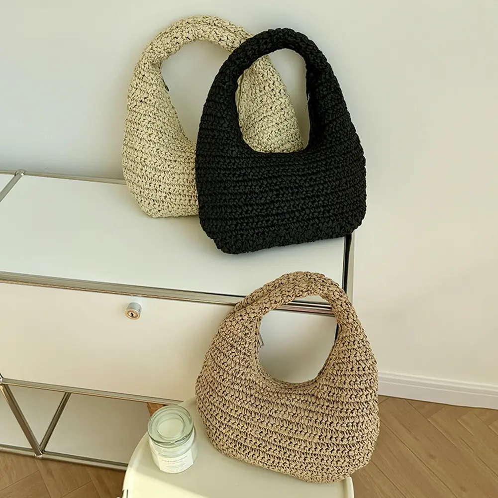 Women Versatile Straw Handbag Solid Color Hand Woven Shoulder Bag Seaside Straw Shoulder Bag Travel Shopping Commute Bag