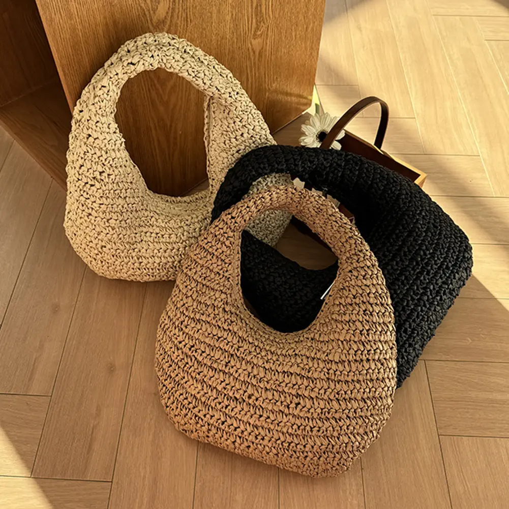 Women Versatile Straw Handbag Solid Color Hand Woven Shoulder Bag Seaside Straw Shoulder Bag Travel Shopping Commute Bag