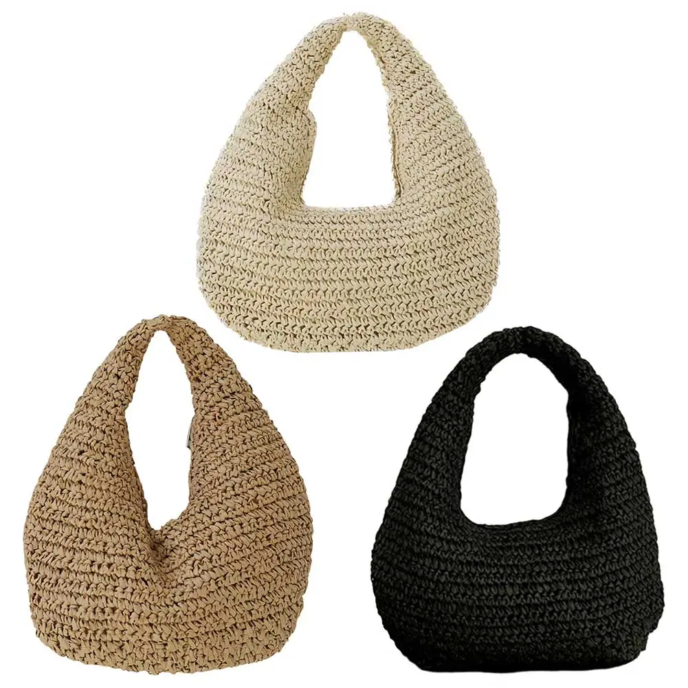 Women Versatile Straw Handbag Solid Color Hand Woven Shoulder Bag Seaside Straw Shoulder Bag Travel Shopping Commute Bag