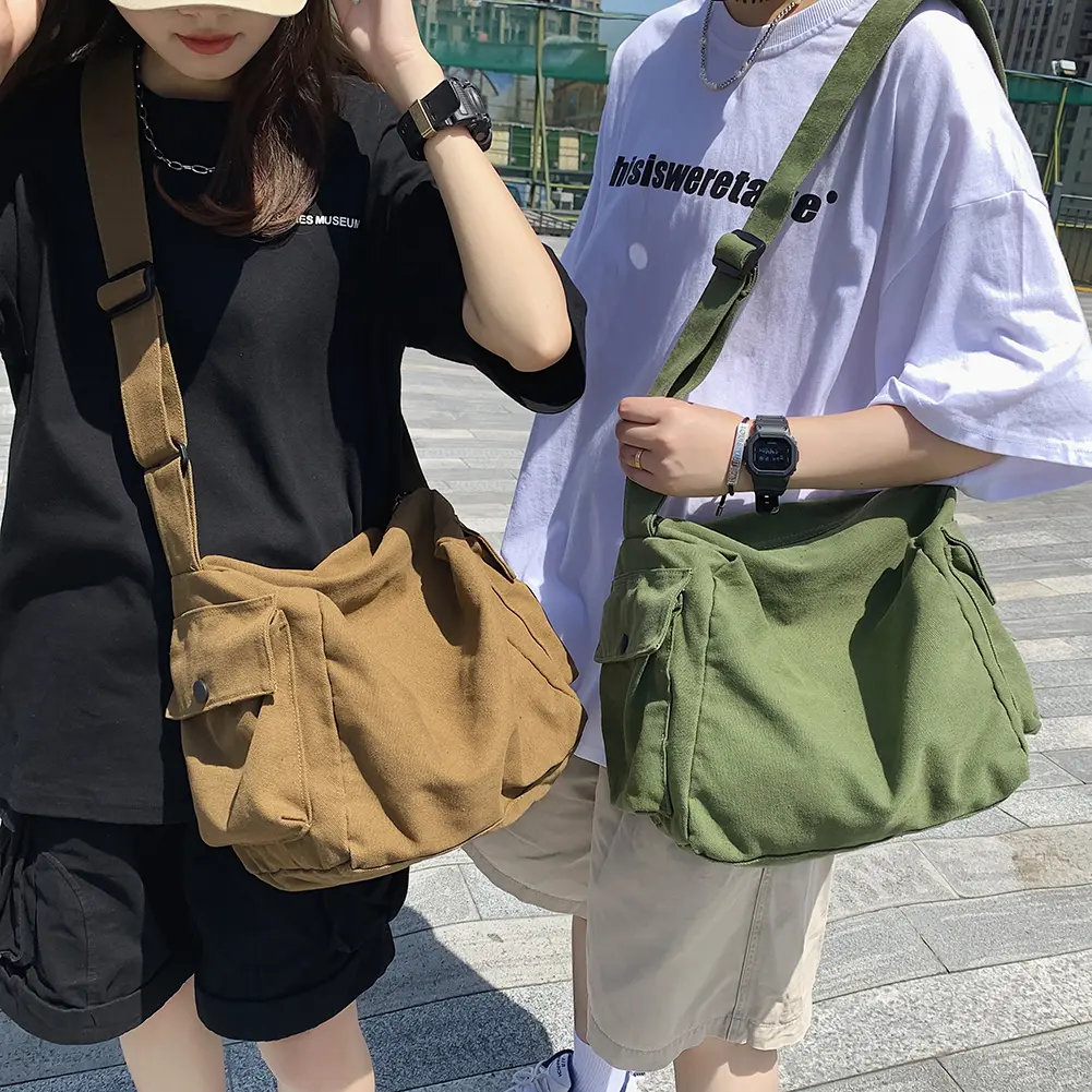 Soft Canvas Shoulder Messenger Bag Large Capacity Solid Color Messenger Handbags for Women Girls Birthday Gift