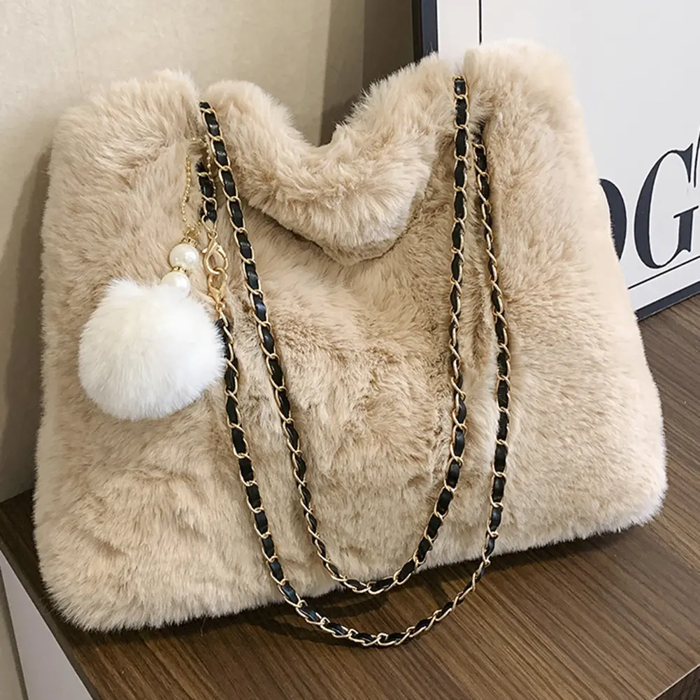 Women Fluffy Crosssbody Bag Soft Plush Satchel Bag Faux Fur with Pendant Large Capacity Female Fashion Travel Bag